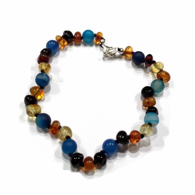 Adult Adjustable Amber and Semi Precious Bracelet -  BLUE